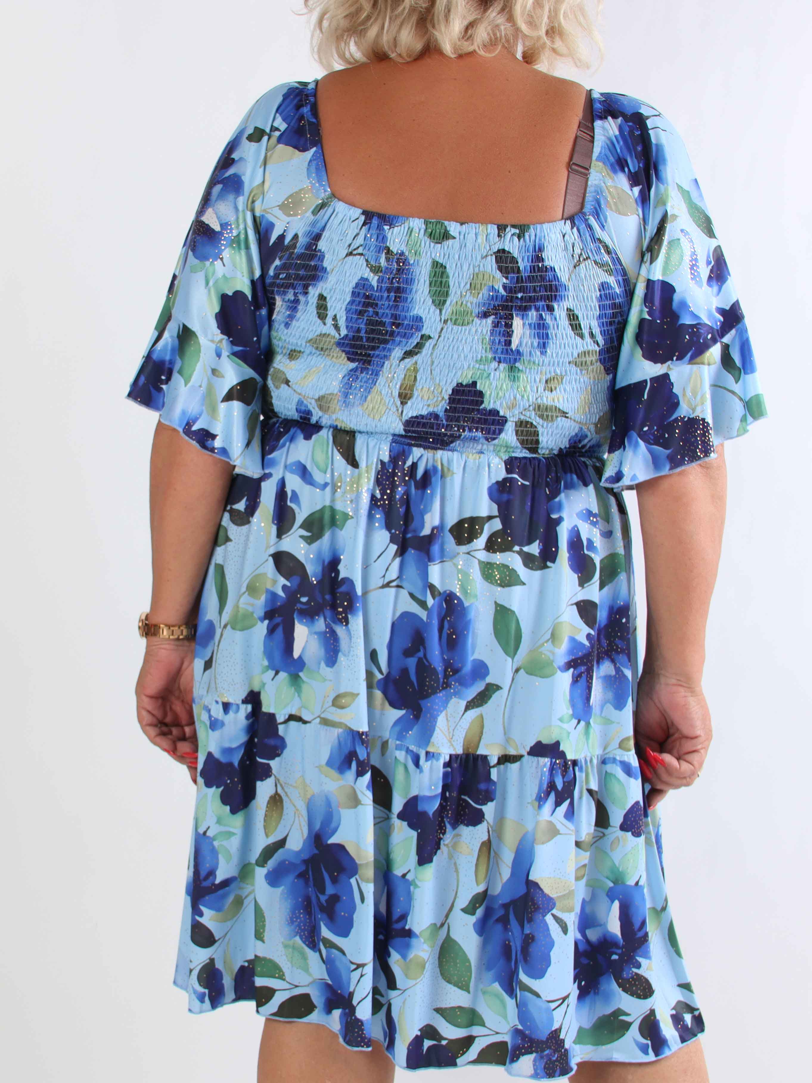 Elna Fiore Short - Blomstret elastisk plus size kjole med smock over brystet